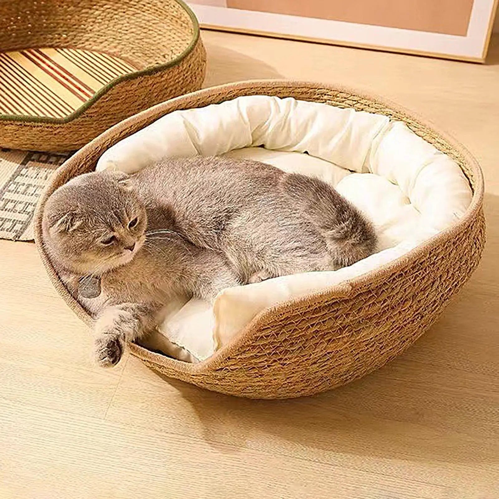 Soft Pet Bed Bamboo Woven Cat Dog Sofa with Removable Cushion