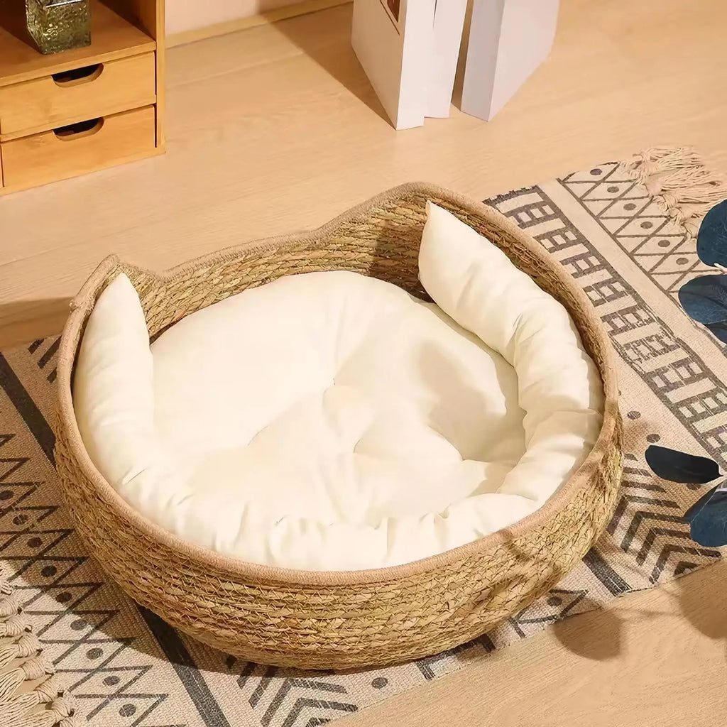 Soft Pet Bed Bamboo Woven Cat Dog Sofa with Removable Cushion