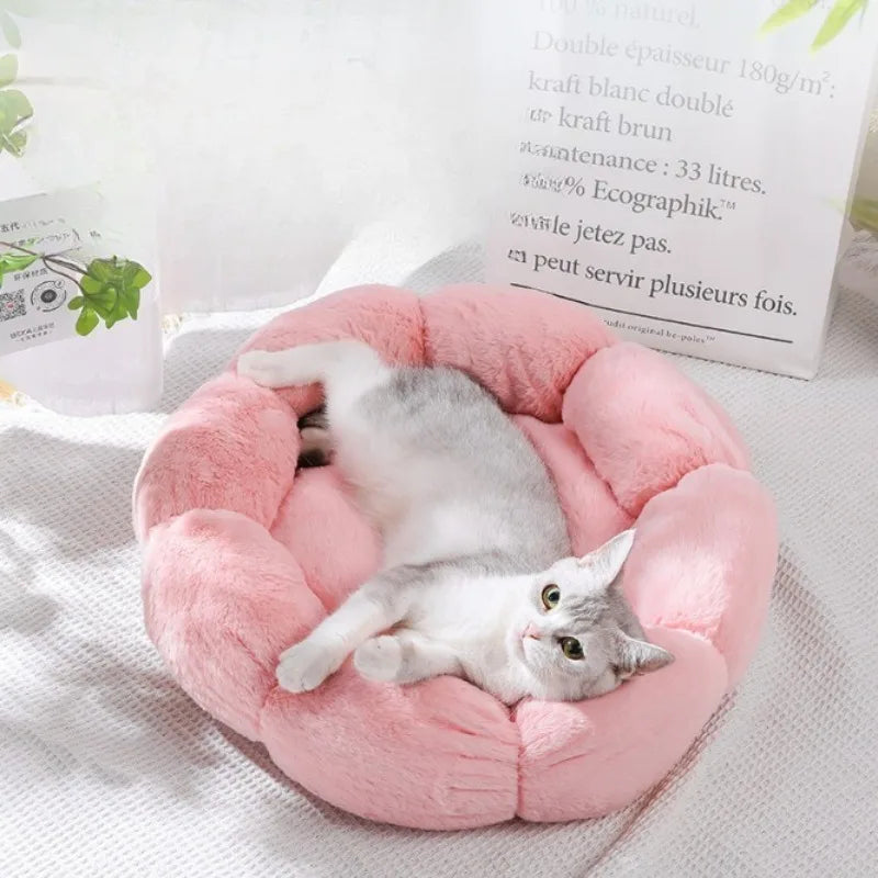 Plush Round Flower Pet Bed Soft Washable Bed for Dogs and Cats
