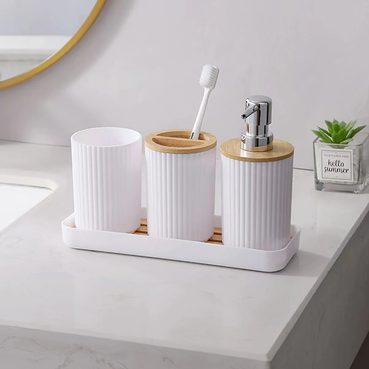 Bathroom Accessories Set Soap Dispenser Toothbrush Holder Tray