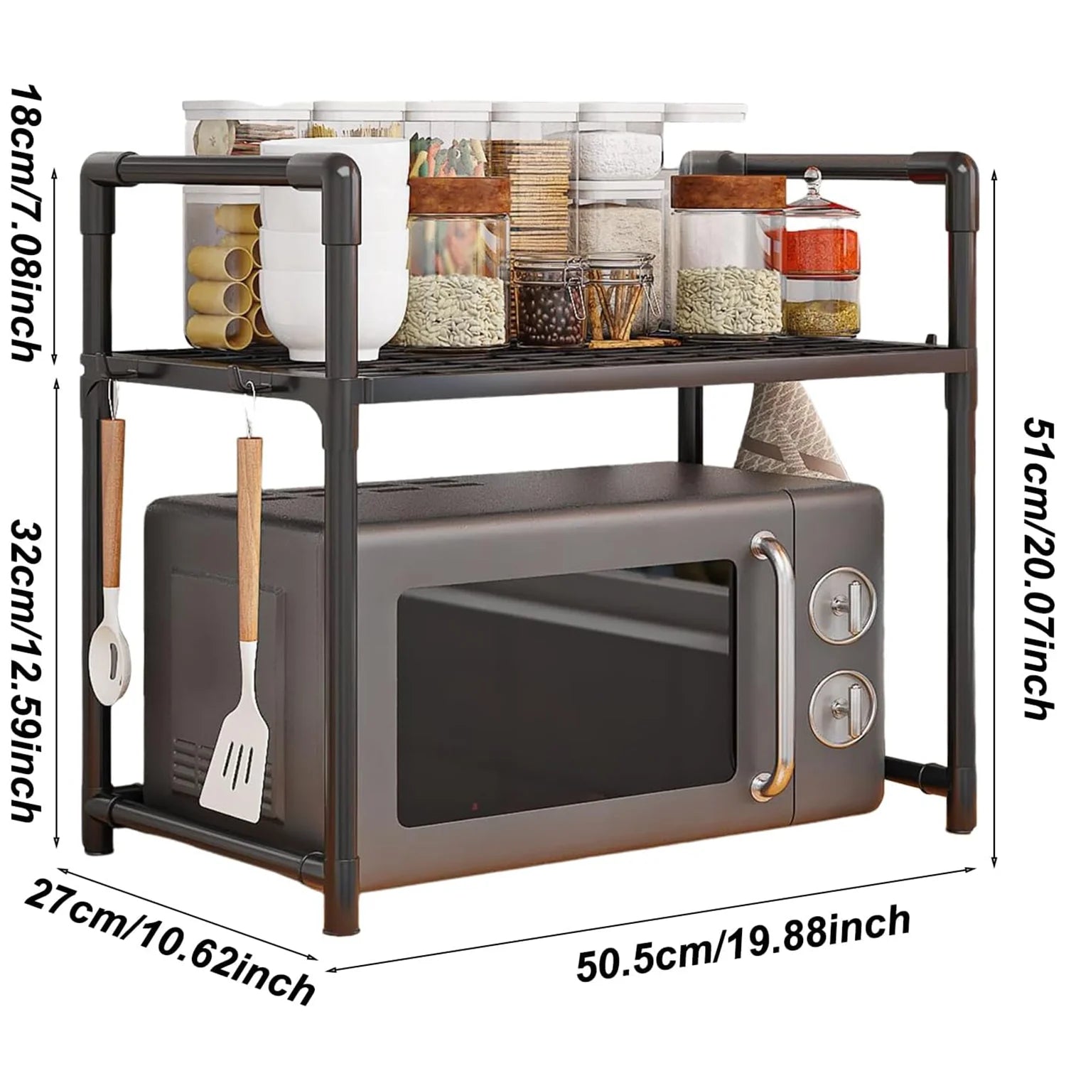 Kitchen Storage Rack Microwave Shelf Countertop Organizer with Hooks